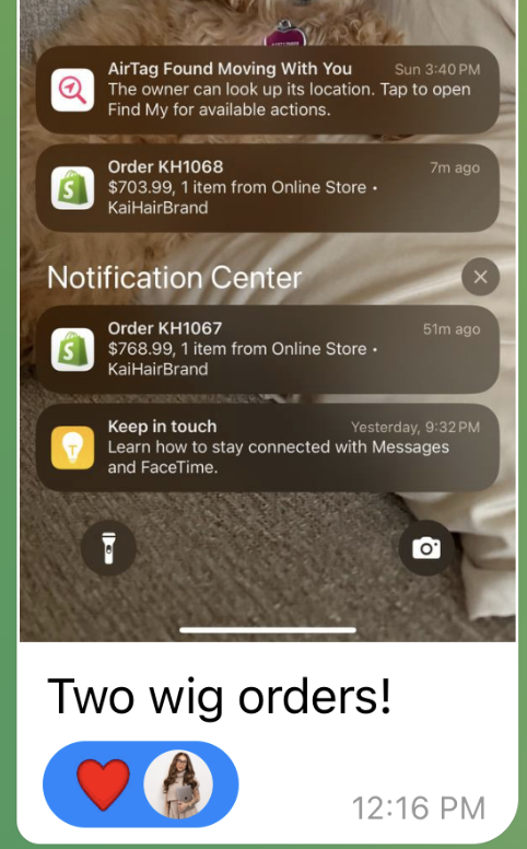 Two Shopify order notifications for $768.99 and $703.99